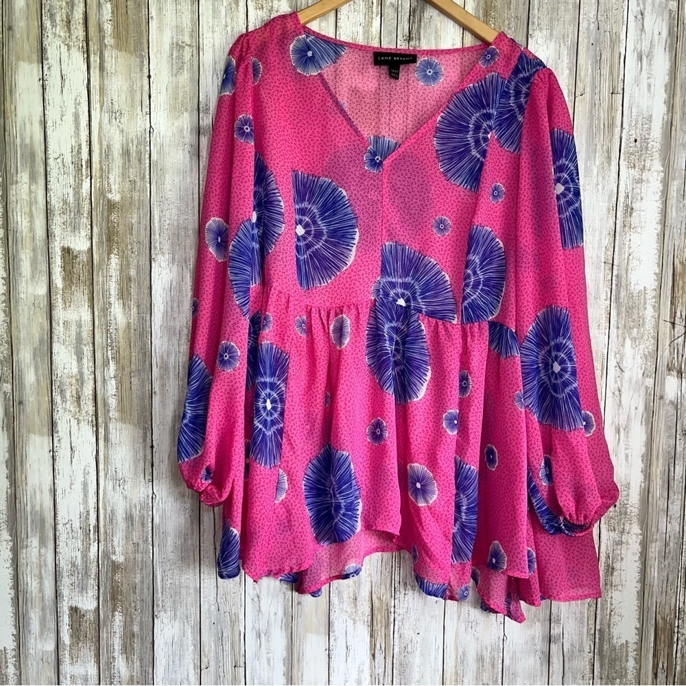 Lane Bryant Batik Floral Babydoll Blouse Pink Purple Sheer V-Neck Size 18/20 - Picture 2 of 9